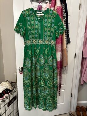 Green Embroidered Flutter-Sleeve Midi Dress